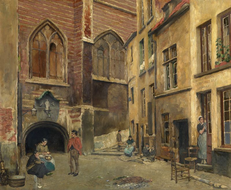 The Old Antwerp Butcher Hall by Piet Verhaert, oil on canvas, depicting butchers carving meat.