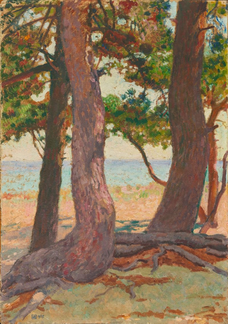 Trois Troncs de pins de Theo van Rysselberghe, pintura a óleo que mostra troncos de pinheiro em uma paisagem vibrante.