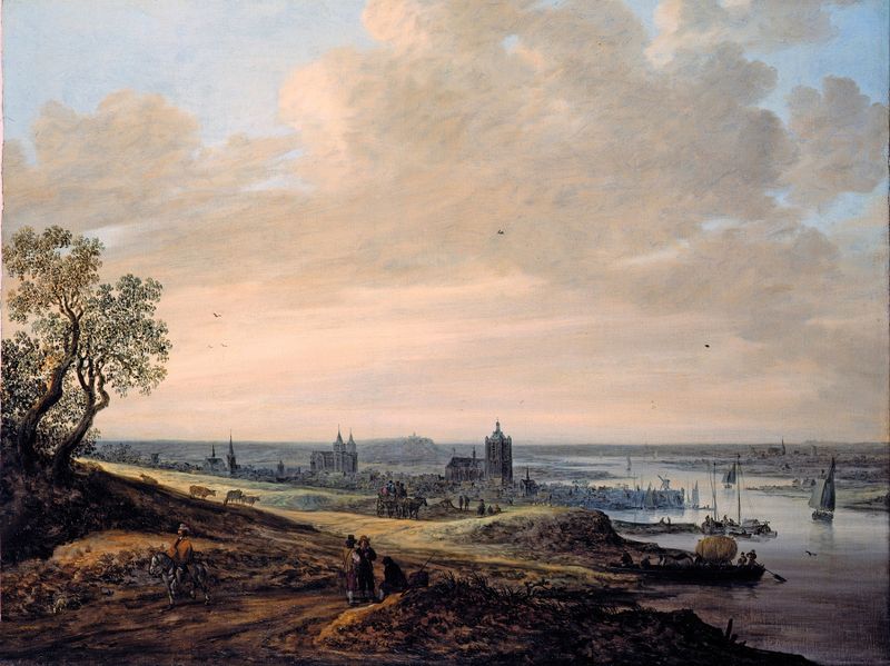 Panorama de paisaje con un río y horizonte de Jan van Goyen, pintura al óleo