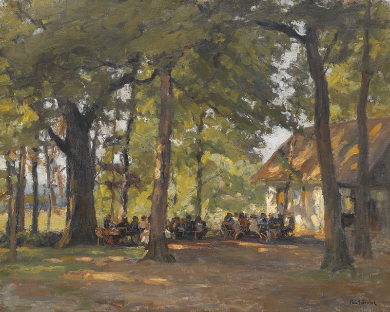 A Tavern in the Forest, pintura a óleo de Paul Eduard Crodel, retratando um encontro sob a vegetação exuberante.