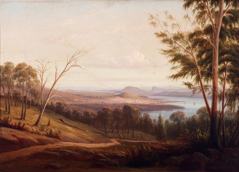 View of Hobart Town, oil on canvas by Knut Bull, depicting sunset over tranquil waters and distant mountains.