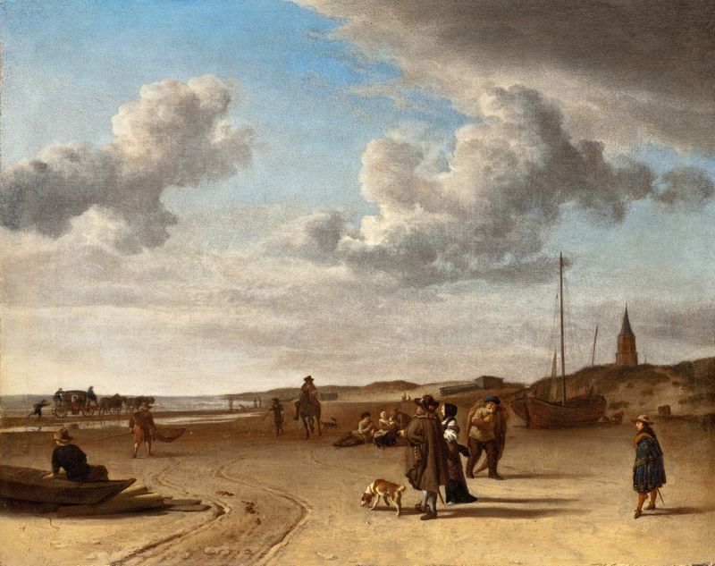 The Beach Scheveningen, oil on canvas by Adriaen van de Velde, featuring figures on a beach.