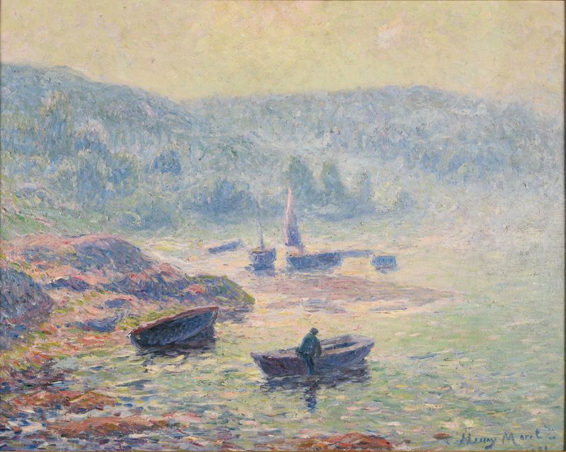 Paisagem de um rio com névoa, pintura a óleo de Henry Moret