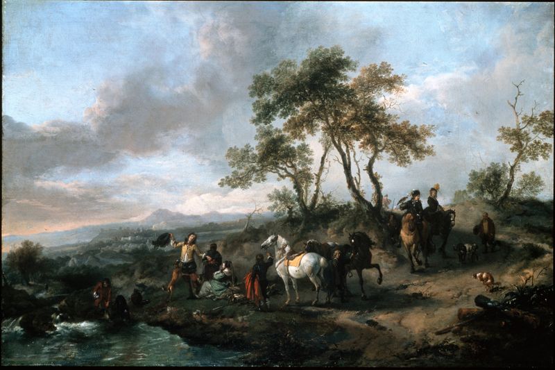 Halt of a Hunting Party by Philips Wouwerman, oil painting depicting elegantly dressed hunters in a landscape.