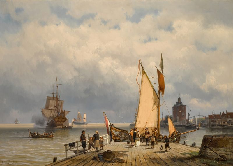 The Port at Enkhuizen, oil painting by Johannes Hermanus Barend Koekkoek, depicting a serene harbor at twilight.