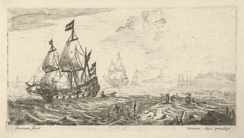 Gravura marinha de Unknown Artist mostrando navios no horizonte com ondas suaves e um céu suave.