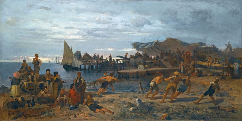 Marine scene with waves and figures, oil on canvas by Konstantinos Volanakis