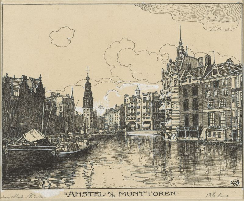 Paisagem de Amstel bij de Munttoren de Willem Wenckebach, pintura a óleo