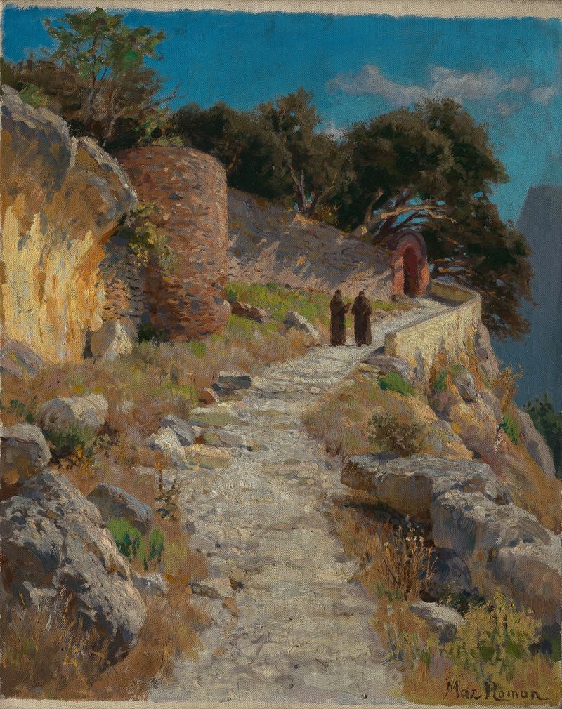 Italienische Landschaft mit Mönchen by Max Wilhelm Roman, oil painting depicting a serene landscape with monks.