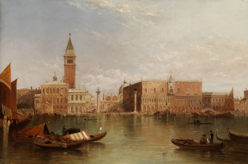 Pintura al óleo de Alfred Pollentine que representa una góndola en un canal veneciano.