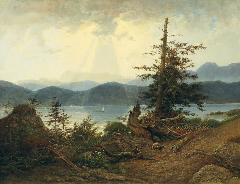 Oil painting by Josef Feid depicting a serene lake with gentle ripples and a horizon.