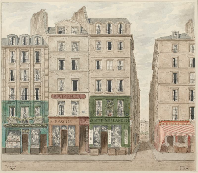 Rue Galande Nº15 à 19, 5ème arrondissement de Jules Gaildrau, pintura al óleo que muestra una vibrante escena callejera.