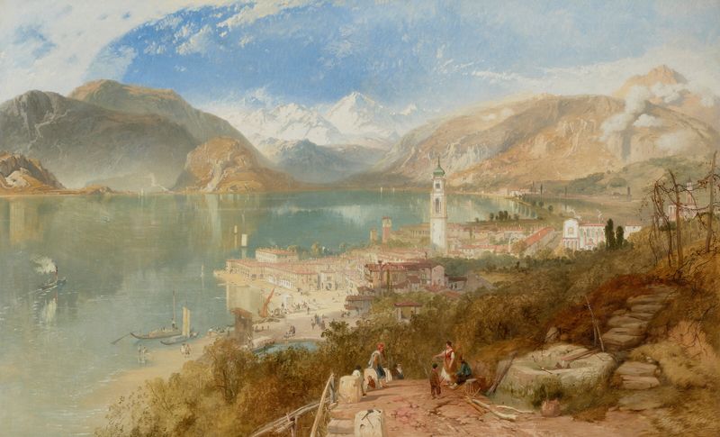 Pallanza on Lake Maggiore, oil painting by James Baker Pyne, depicting a serene lake at twilight.