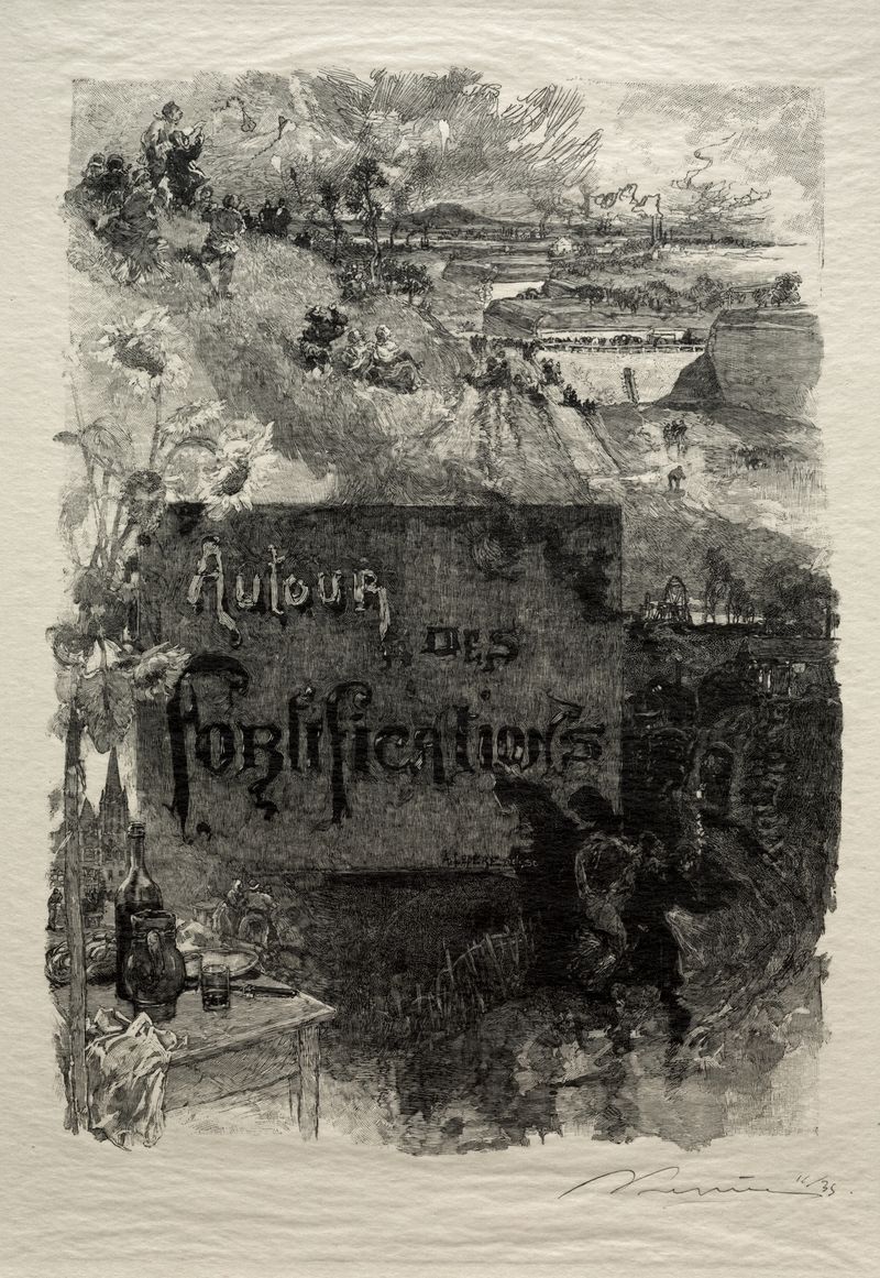 Grabado de Auguste Louis Lepère con un borde ornamental y tonos cálidos