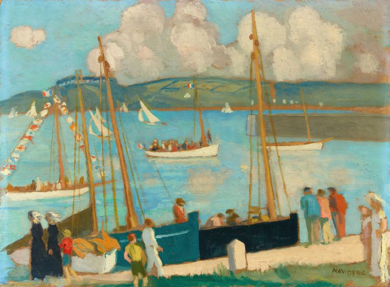 Régates de Perros-Guirec, pintura al óleo de Maurice Denis que representa un puerto sereno con barcos y reflejos.