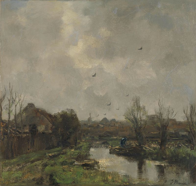 Landschap in de omgeving van Den Haag by Jacob Maris, oil on canvas depicting rolling hills and twilight sky.