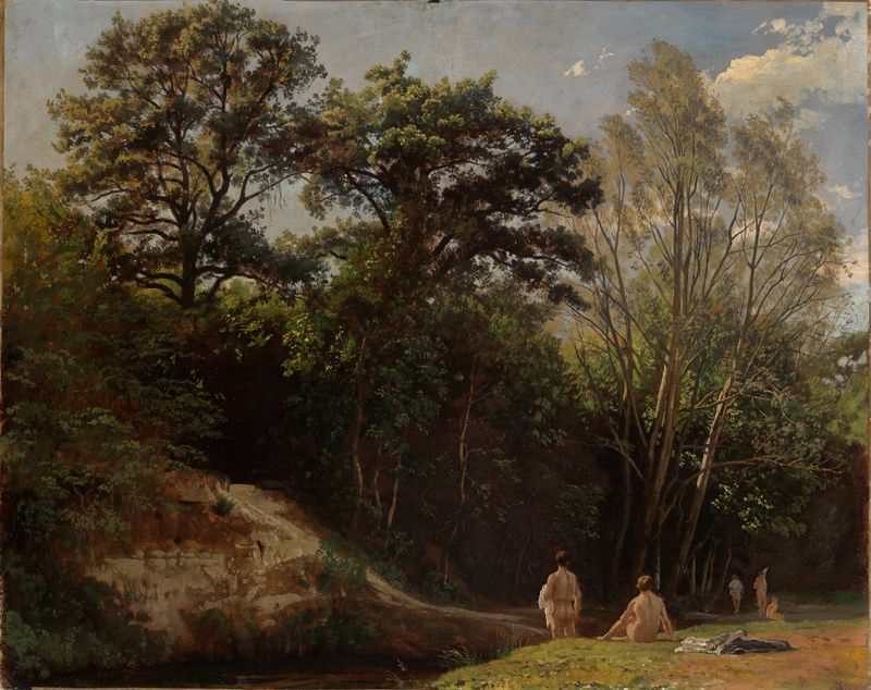 Cena de rio com banhistas e árvores, óleo sobre tela de Johann Wilhelm Schirmer