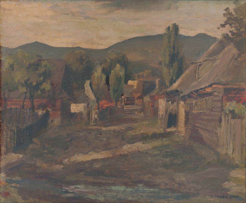 Paisagem expressionista de Vladimír Kovář, 1935, com primeiro plano texturizado e cores vibrantes.