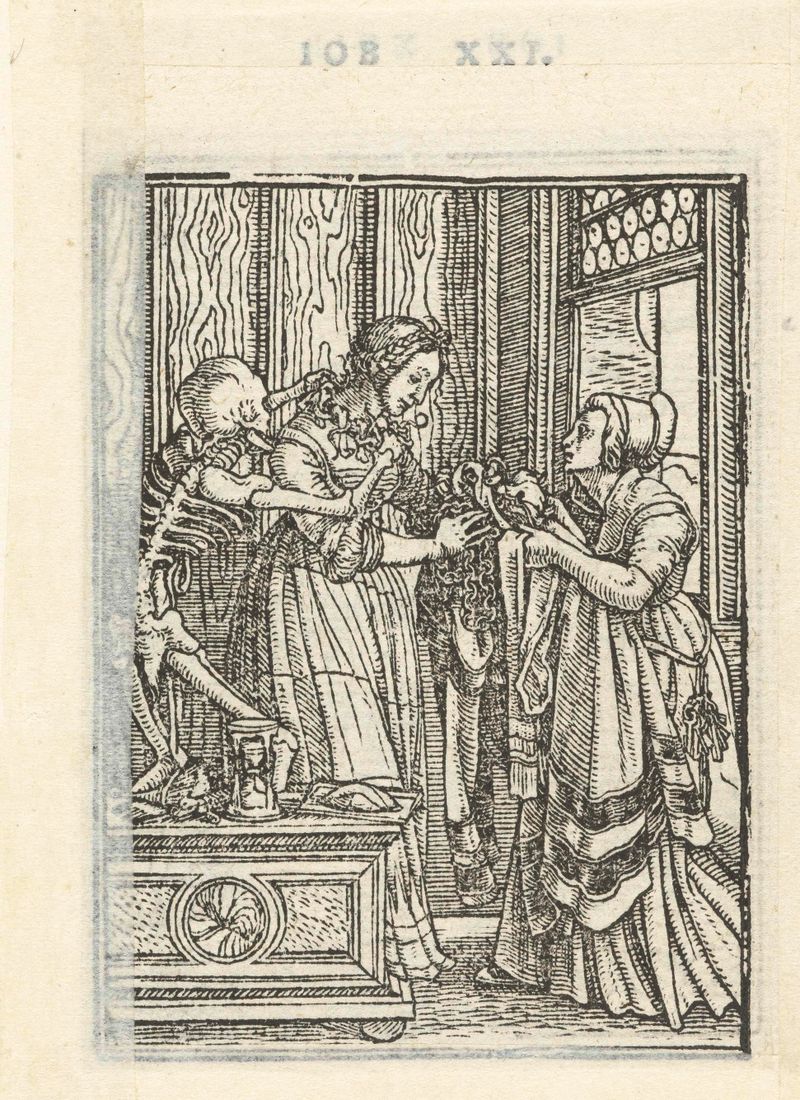 Gravin en de Dood by Hans Holbein (II), paper, features a grieving woman in a black gown.
