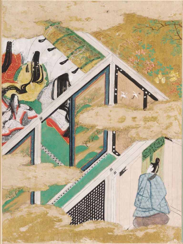 Ilustração dourada de Tosa Mitsunobu mostrando figuras em uma cena de luz e emoção.