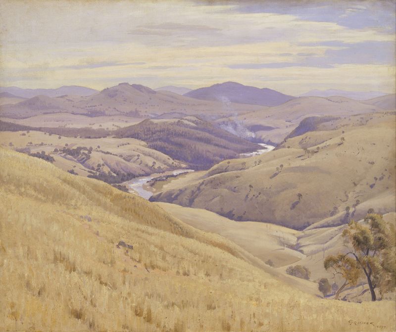 Weetangera, Canberra by Elioth Gruner, oil painting depicting a landscape with wildflowers and golden light.