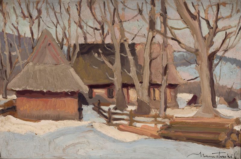 Paisaje invernal con nieve y montañas, óleo sobre lienzo de Stefan Manasterski