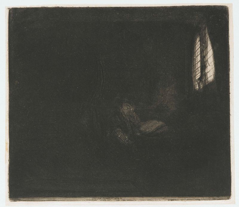 São Jerônimo em uma câmara escura, gravura de Rembrandt van Rijn, retratando uma figura em profunda reflexão com luz dramá...