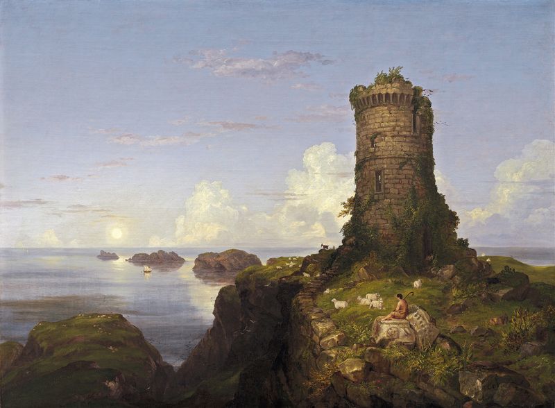 Italian Coast Scene with Ruined Tower de Thomas Cole, pintura al óleo