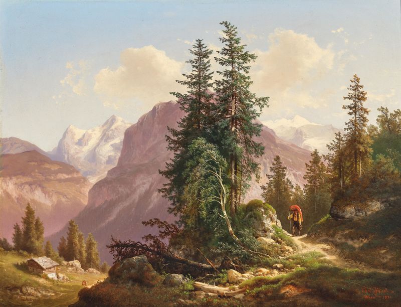 Oil painting by Carl Hasch depicting mountains and clouds in Switzerland