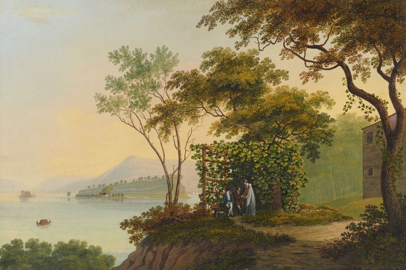 Petters-Insel auf dem Bielersee de Johann Heinrich Bleuler, óleo sobre lienzo que representa un lago tranquilo e isla.