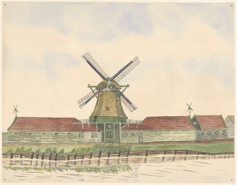 Óleo sobre lienzo de un molino y cielo en espiral por Johannes Nicolaas Eijman