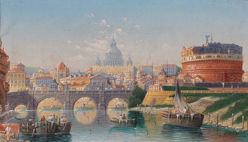 Landscape depicting the Castel Sant’angelo by Karl Kaufmann, oil painting