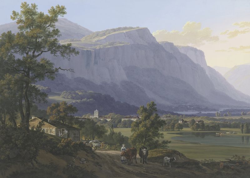 Landscape of St. Jeoire village and mountains by Jean-Antoine Linck, medium unknown