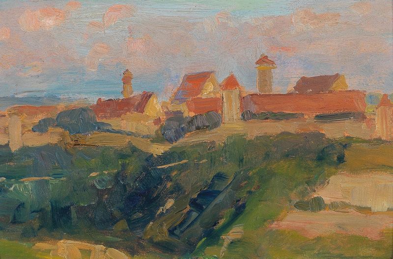 Rothenburg ob der Tauber, óleo sobre lienzo de Marie Egner, representando un paisaje de pueblo.