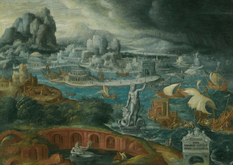 Paisaje clásico con barcos en una tormenta, pintura al óleo de Circle of Maarten van Heemskerck