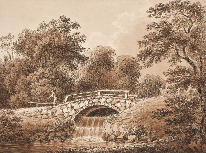 Paisaje con un puente sobre un río, pintura al óleo de Anton Carl Dusch