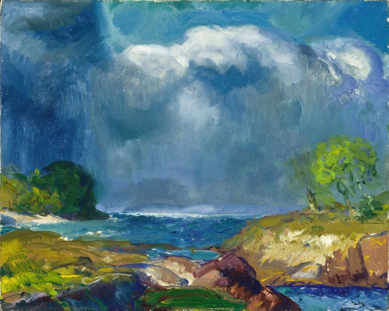 The Coming Storm, óleo sobre lienzo de George Wesley Bellows, presenta un cielo turbulento con nubes tormentosas.