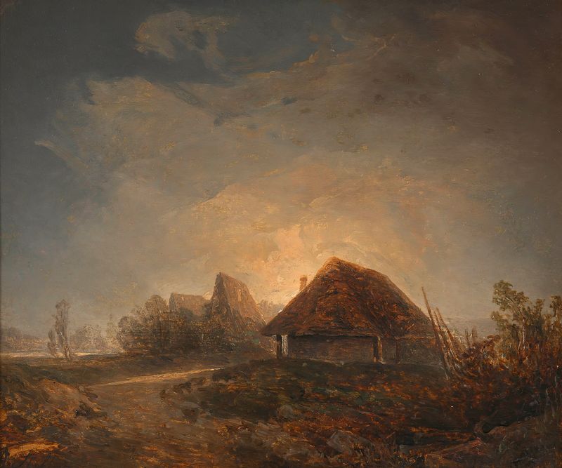 Westungarische Landschaft mit Hütten und aufgehendem Mond by Adalbert Stifter, oil painting depicting huts under moonlight.