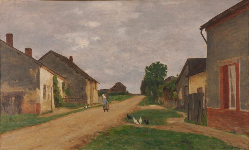 Village champenois by Émile Barau, oil on canvas depicting cottages in golden light