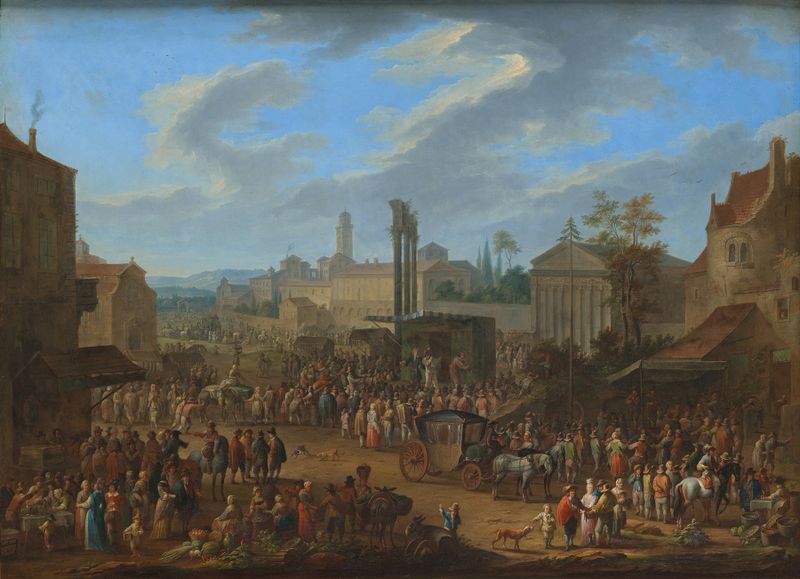 Genre scene with lively figures at a market, oil painting by Franz de Paula Ferg