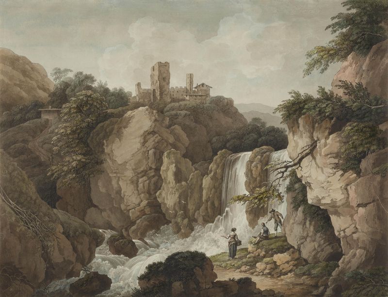 Felsige Landschaft mit Burgruine und Wasserfall, óleo sobre lienzo de Adrian Zingg