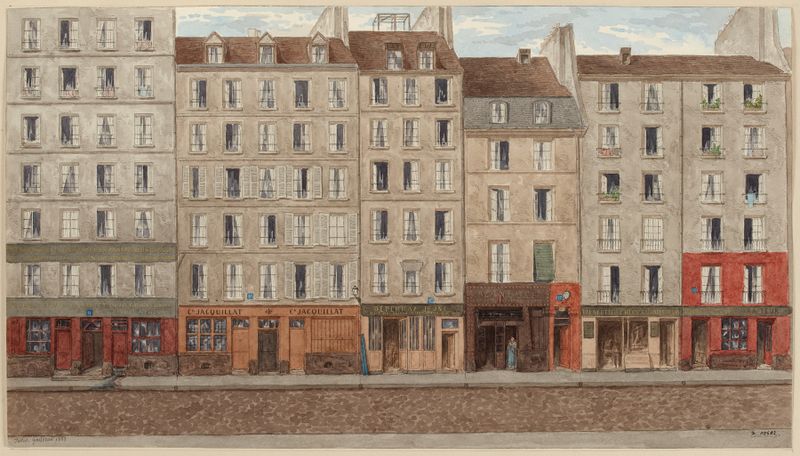 Landscape oil painting by Jules Gaildrau depicting Rue des Filles-Dieu with golden light and shadows.