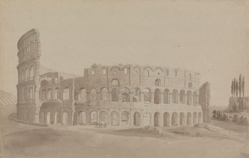 Watercolour by Isaac Weld depicting the Colosseum, Rome, with ancient stones.