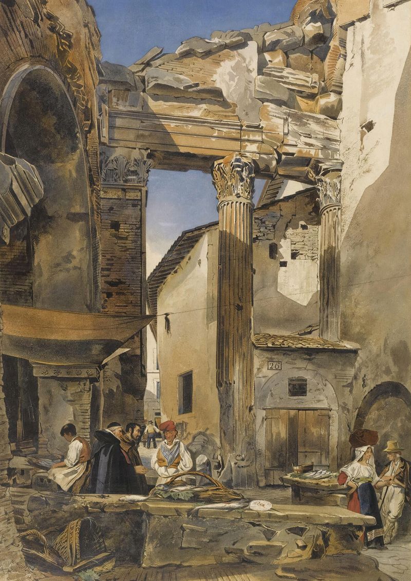 Natureza morta de peixes em um mercado, pintura a óleo de Thomas Hartley Cromek