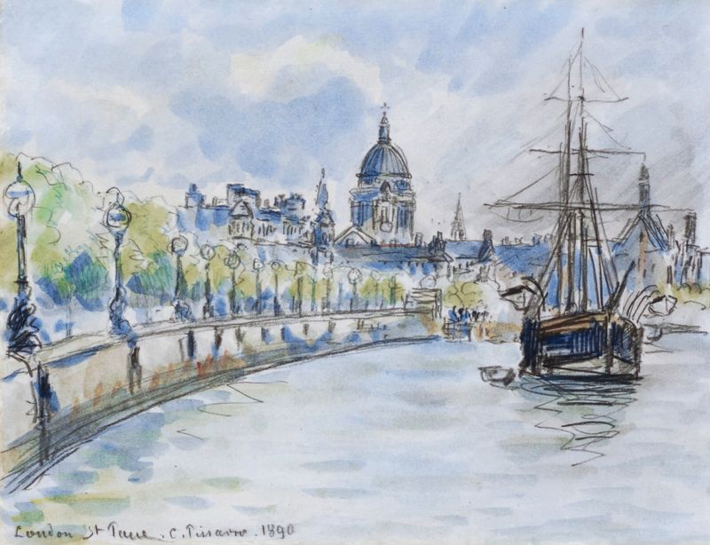 Londres, Catedral de San Pablo de Camille Pissarro, óleo sobre lienzo, con figuras y la catedral en luz y sombra.