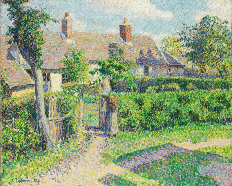 Peasants’ houses, Eragny by Camille Pissarro, oil painting of rustic houses in a rural landscape.