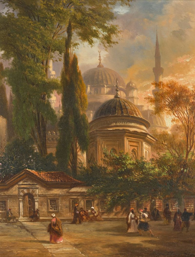 The Hagia Sophia by Eugène Flandin, medium unknown, featuring arches and stained glass.