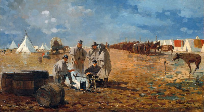 Rainy Day in Camp de Winslow Homer, óleo que muestra a un soldado bajo una lona en la lluvia.
