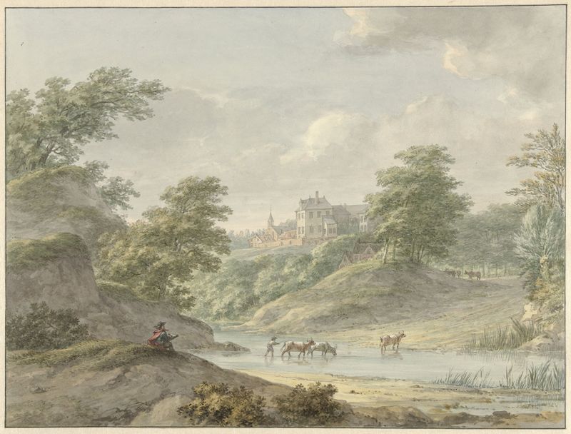 Landscape with seated artist and castle by water, oil painting by Hermanus Numan