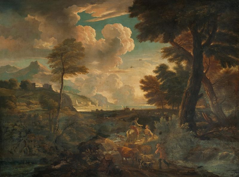 An Italianate landscape with herdsmen, oil on canvas by Pieter Mulier the Elder